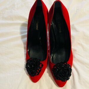Red Pointed Toe Pumps with Black Beaded Accent